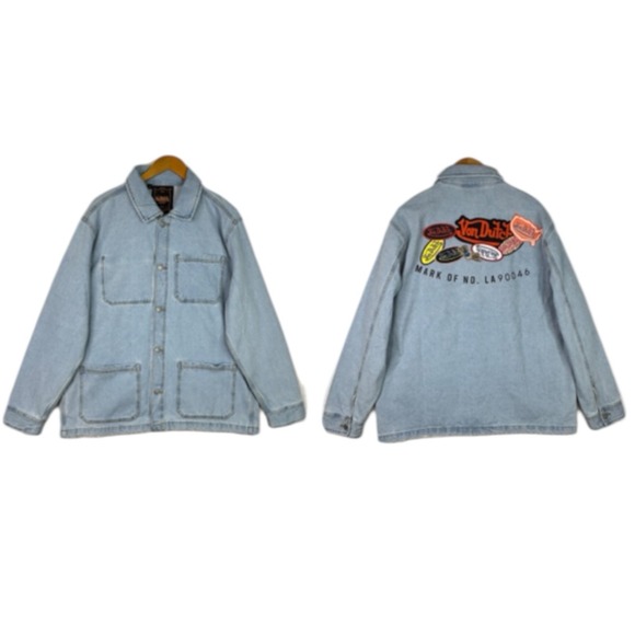 Von Dutch Y2K Denim Jacket Blue Big Logo Patch Back Mens L Biker Streetwear NWT